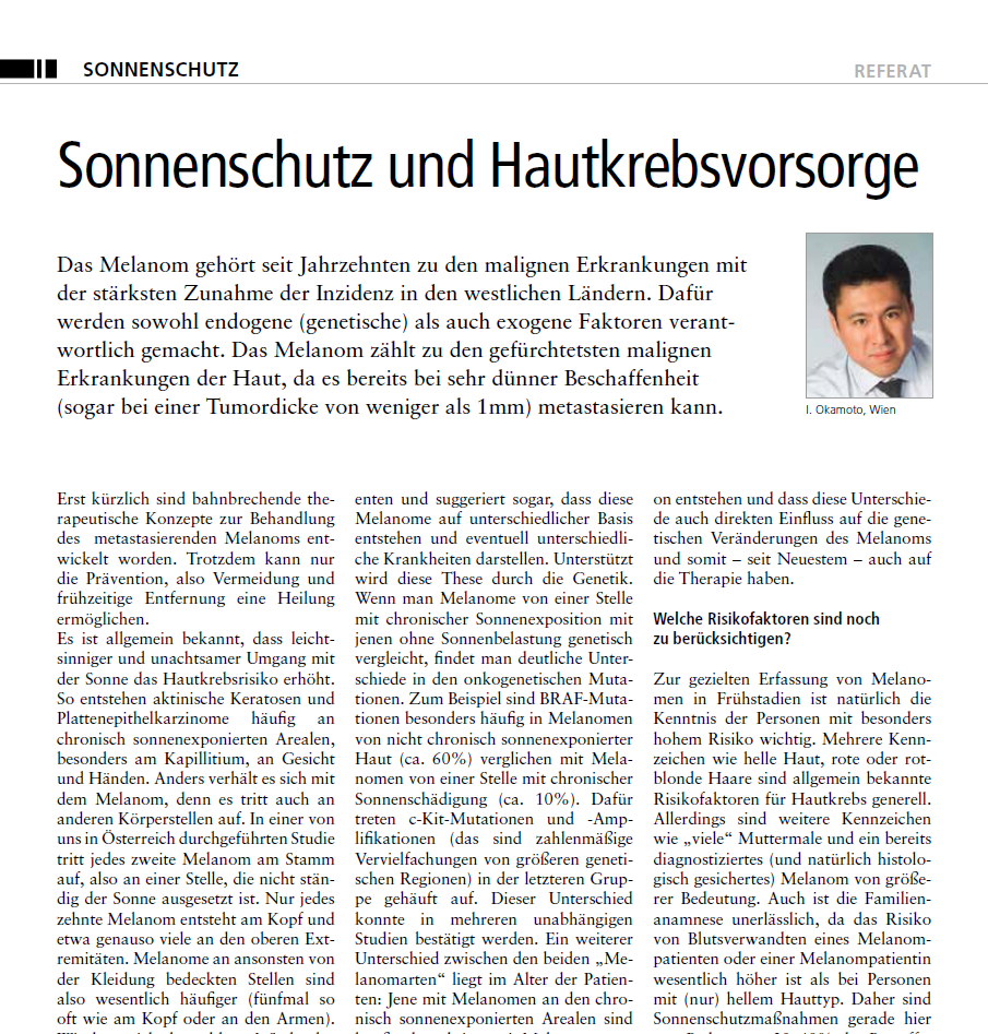 Artikel JATROS - Dr. Okamoto, Hautarzt in Wien informiert über Sonnenschutz und Hautkrebsvorsorge