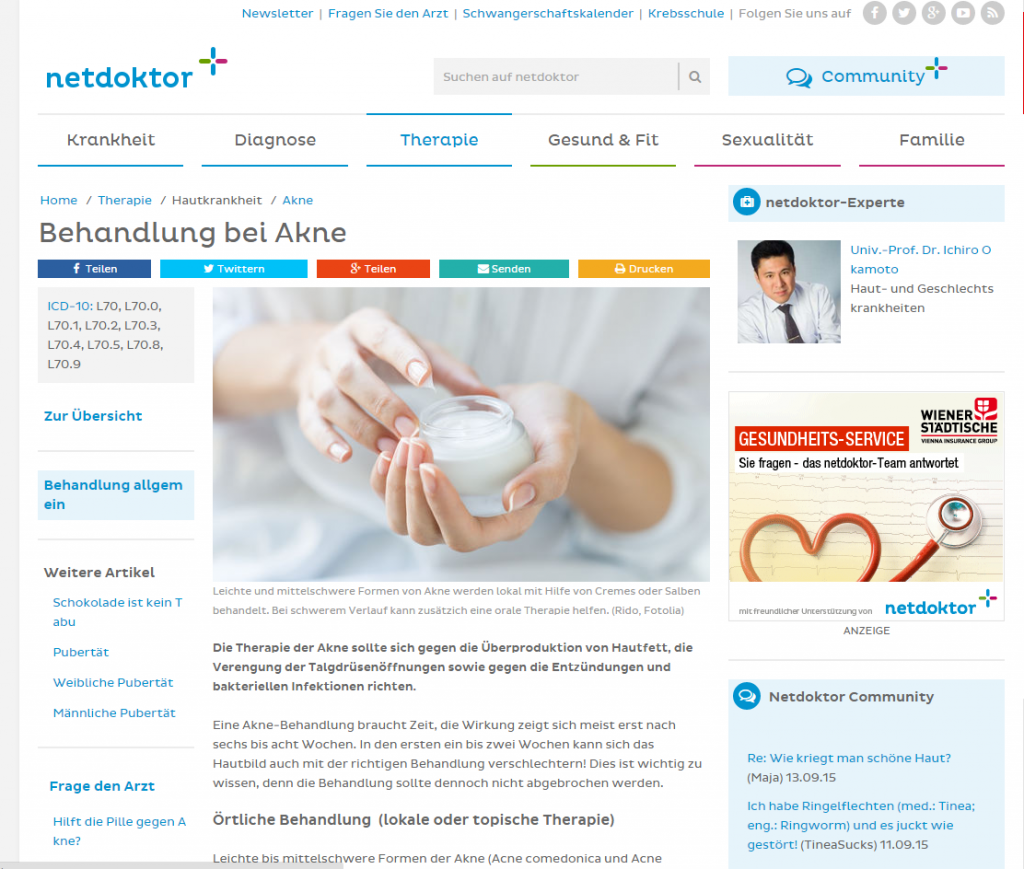 Artikel über Behandlung von Akne auf netdoktor.at von Dr. Okamoto aus Wien